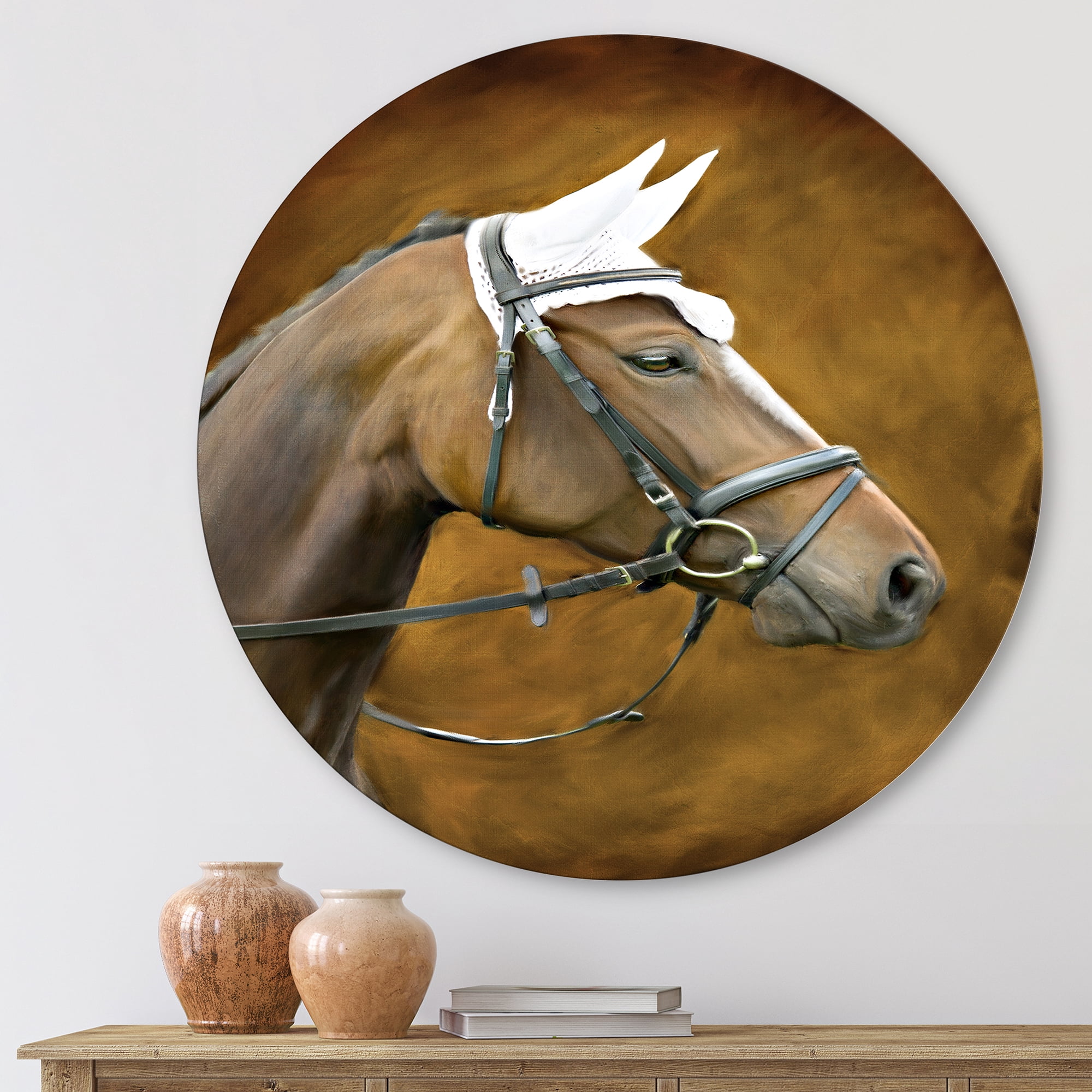 Designart 'Close Up Portrait Of Brown Horse With White Ears' Farmhouse Circle Metal Wall Art 23x23 - Disc of 23