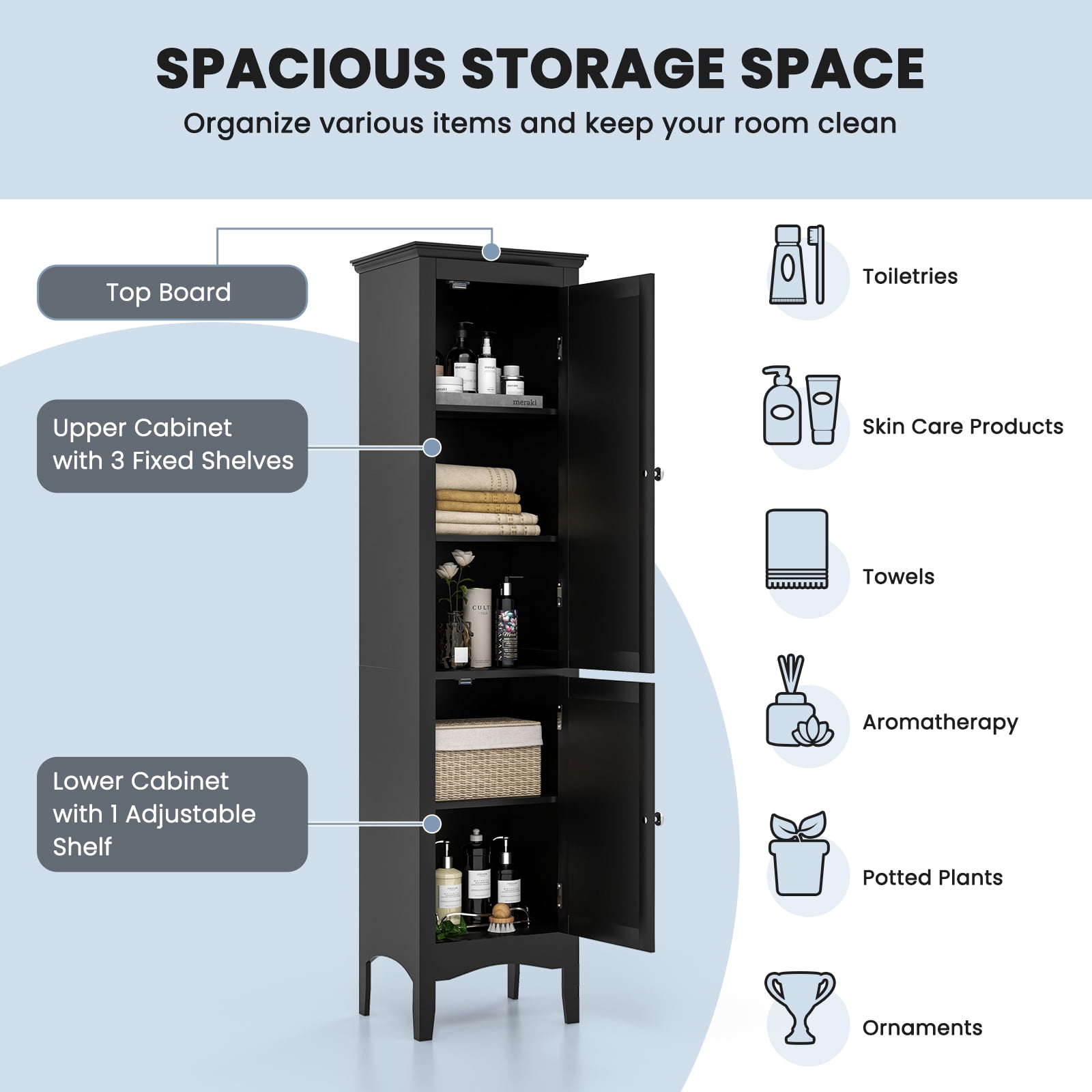 Patiojoy Freestanding Bathroom Storage Cabinet Tall Narrow Storage Cabinet with 1 Adjustable Shelf 1 Drawer and 2 Doors Black