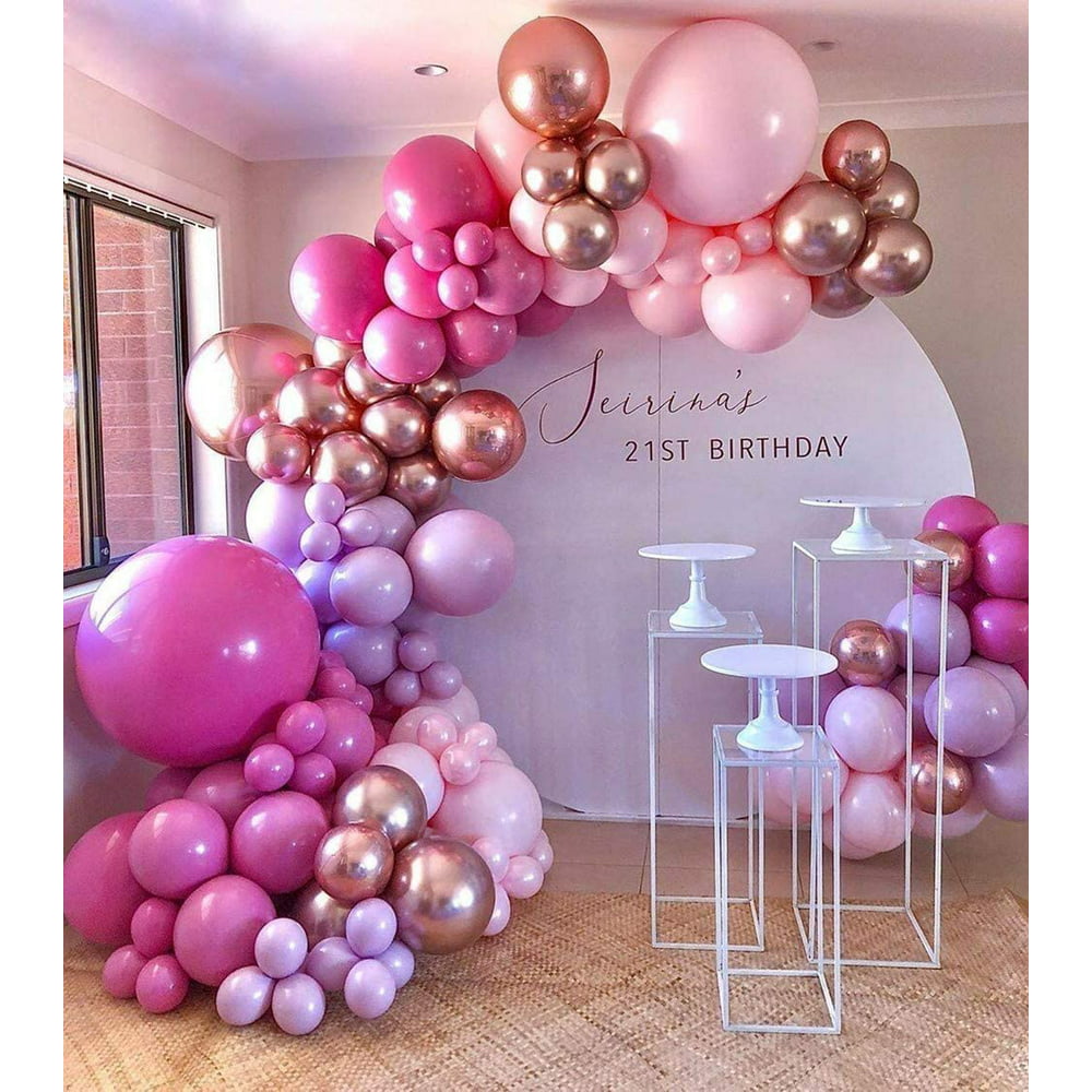 Hot Pink Balloon Garland Arch Kit, 140Pcs Pink Rose Gold Chrome