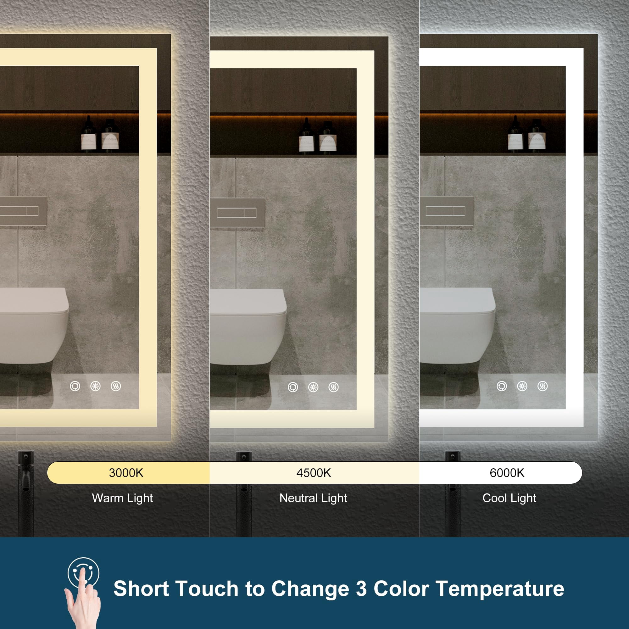 FUNTOUCH 20" x 28" Wall Mounted Vanity Mirror LED Bathroom Mirror with Lights, 3 Colors Dimmable Makeup Mirror, Anti-Fog, Memory, Waterproof, Rectangular