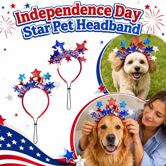 4th of July Patriotic Pet Headband – Dog Hair Accessories with Red White & Blue Tinsel Stars,Holiday Party Headwear for Dogs
