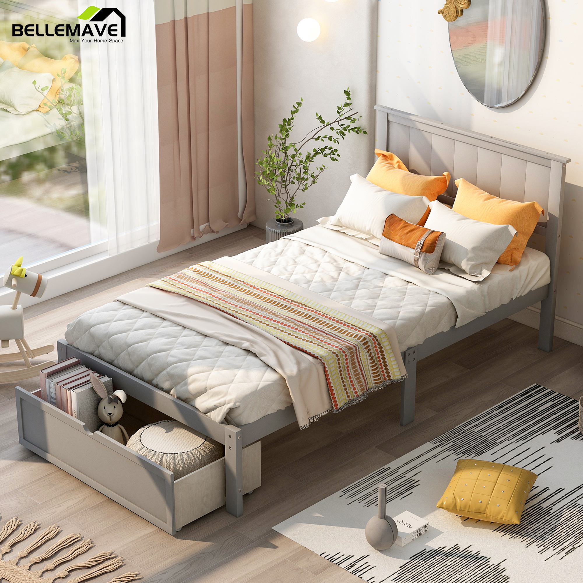 Bellemave Twin Size Bed Frame with Storage Drawers, Twin Wood Platform Bed with Headboard for Kids, Boys & Girls (Gray)