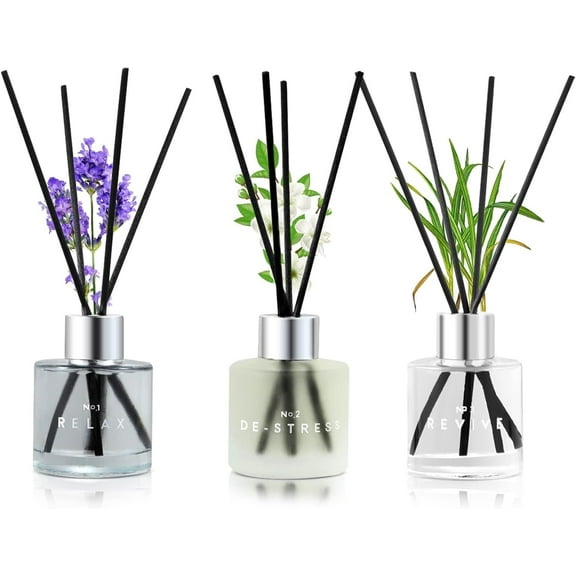 3 Pack Fragrance Reed Diffuser, 50ML Lavender Jasmine Lemongrass Aromatherapy Diffuser Set with 12 Black Fiber Sticks,Air Freshener for Bedroom Bathroom Office, 8.2X 6.6X 2.1 inch