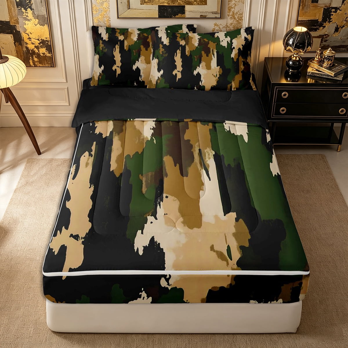 Castle Fairy Vintage Earth Camo Zipper Twin Comforter Sets with Fitted Sheet and 2 Pillowcases Abstract Painterly Blotch Zipper Bedding Set Khaki Olive Black Reversible
