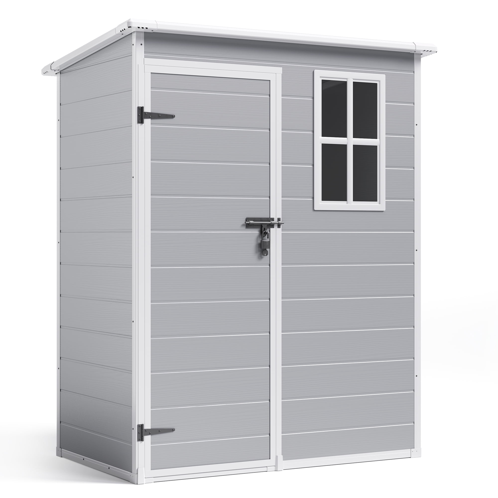 Asofer All-Weather Resin Storage Shed, Weatherproof Plastic Tool Shed with Built-in Floor & Lockable Door, Gray