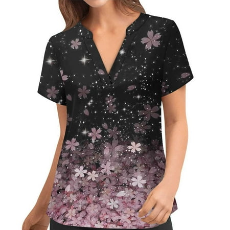 

Scrub Tops for Women Casual Trendy Print Nursing Uniform Short Sleeve V Neck Tunic Nurse Workwear Shirt