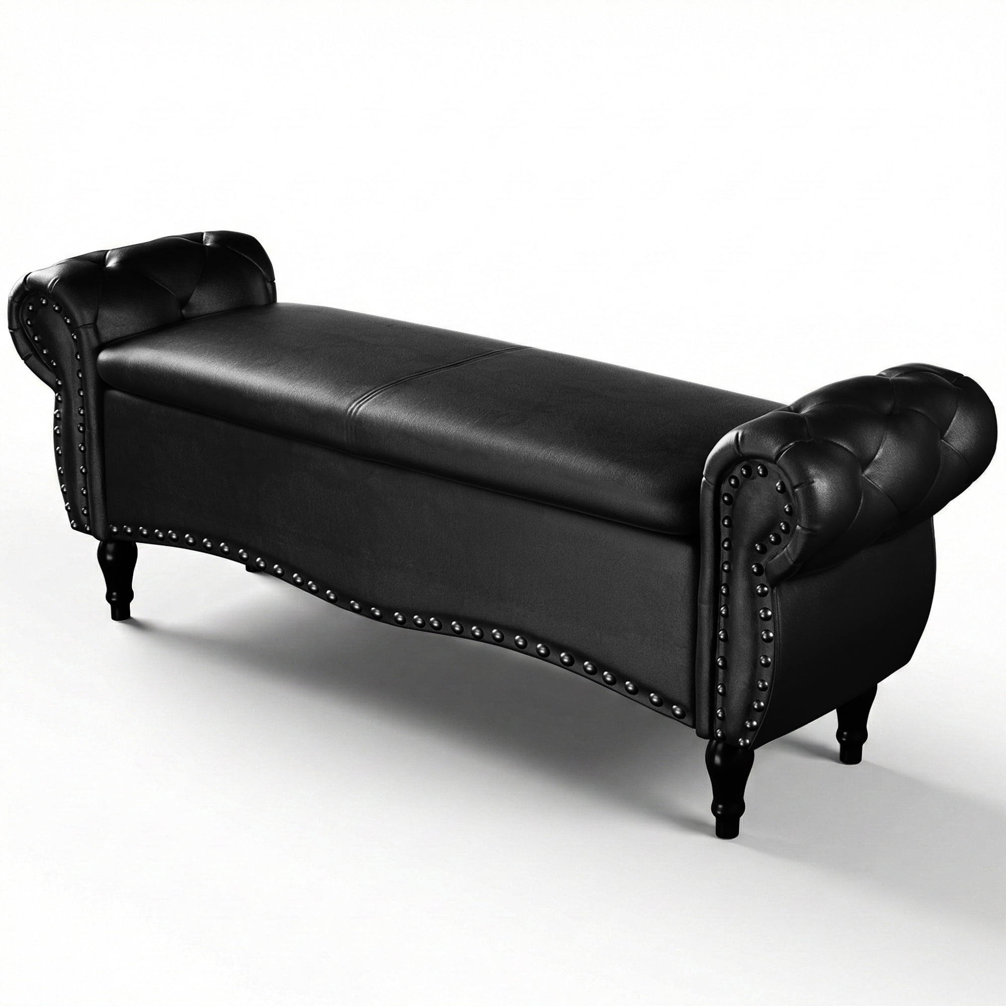 YIKEMA Upholstered PU Leather Rectangle Storage Ottoman Bench with Nailhead Trim, 51.5", Black