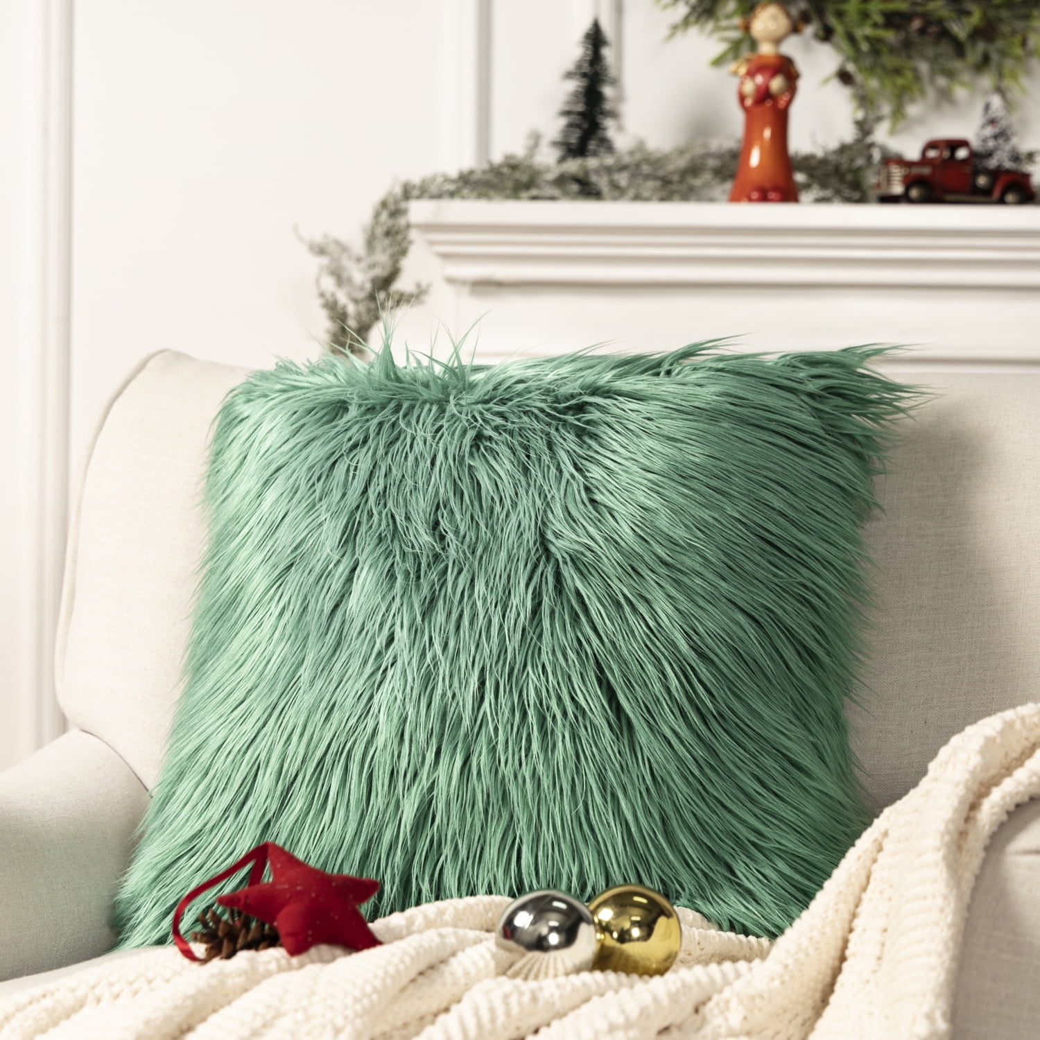 Luxury Mongolian Fluffy Faux Fur Series Square Decorative Throw Pillow Cusion for Couch, 22" x 22", Green, 2 Pack