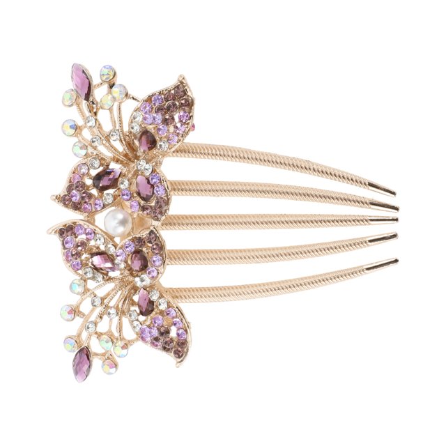 Ofertas Únicas 1 Pc Peine de Inserción para Mujeres con Dos Flores para Cabello Lacio, Grueso, Ondulado y Rizado de Aleación con Rhinestones Morado