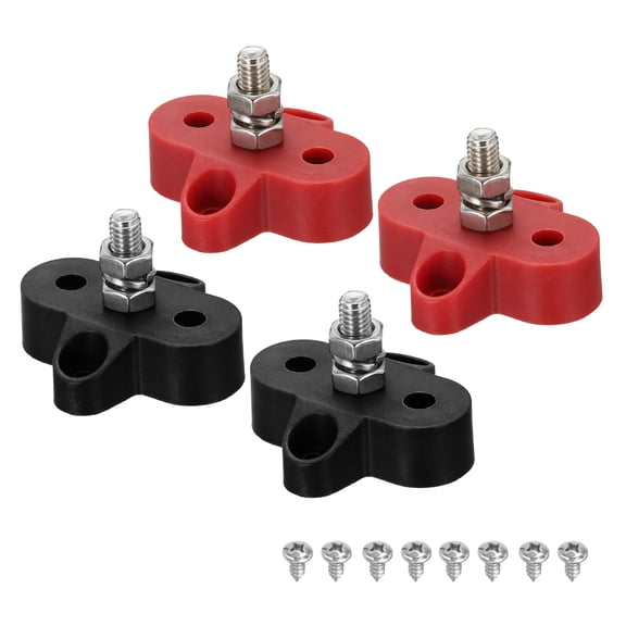 Uxcell 4Pcs 12-48VDC 120A Bus Bar Marine Power Distribution Blocks, 1/4" Single Studs Automotive Busbar Terminal Block with Accessories for Car Boat Solar Wiring, Red,Black