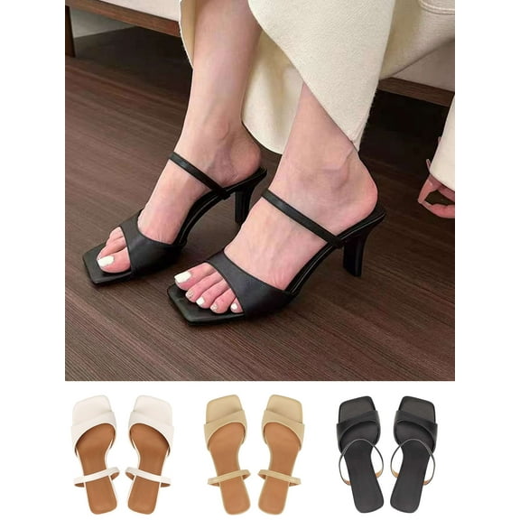 Luxtrada Square Toe Heeled Sandals for Women - 2.8in Women's Low Block Heels Sandals Nude Black Strappy Heels for Party Wedding Dress Shoes