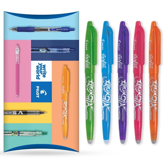 Pilot Frixion Heat/Friction Erasable Rollerball Pen FR7 - 0.7mm Nib - Floral Wallet of 5 - Lime Green, Light Blue, Violet, Pink, Orange