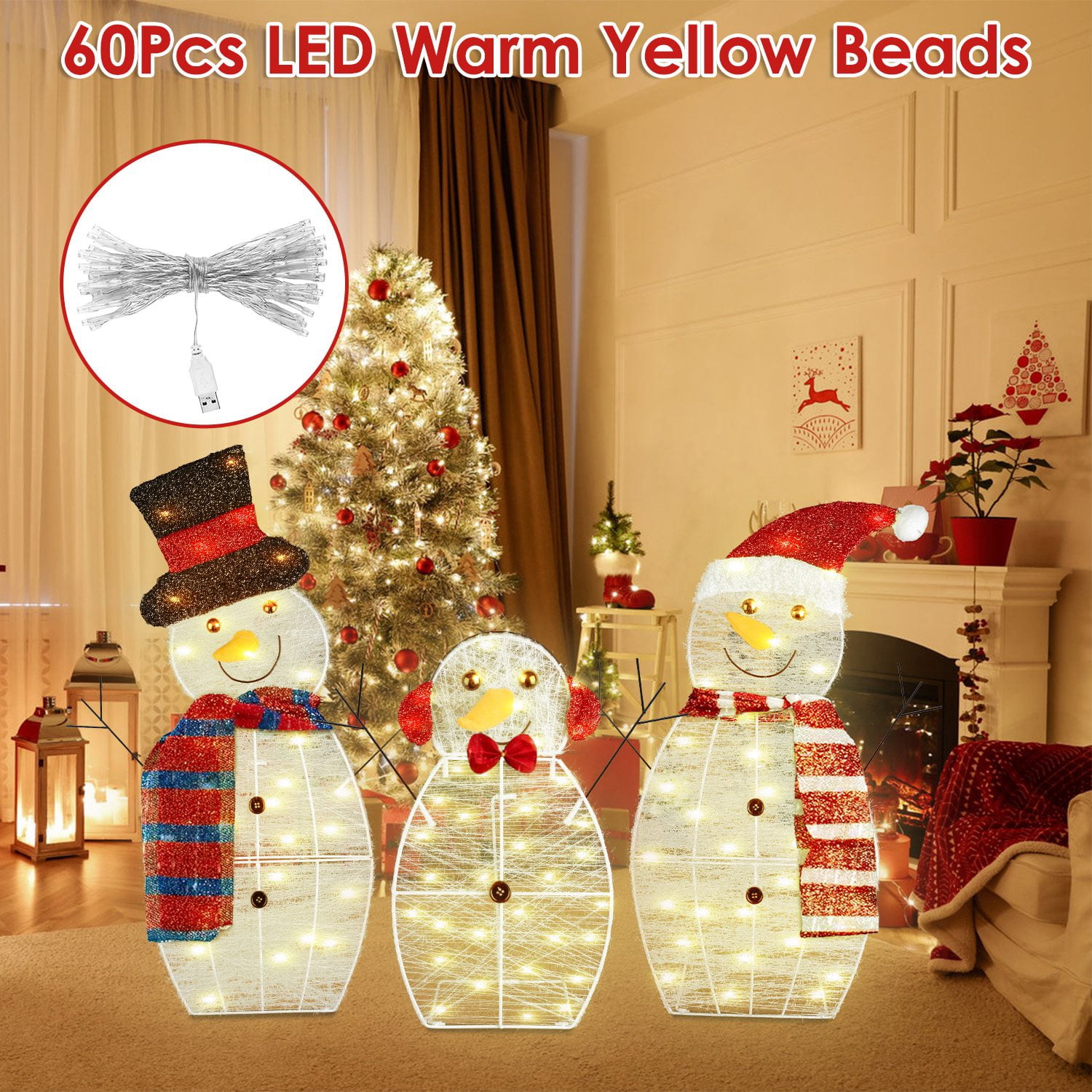 Astoutdoor 3-Piece 2D Snowman Christmas Yard Decoration, Pre-Lit LED Snowman Family, White