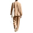 thumbnail image 3 of Szluipve Linen Sets for Women 2 Piece Half Zip Stand Collar 2 Piece Outfits Long Sleeve Contrast Piping Top & High Waist Wide Leg Pants Casual Linen‑Look Matching Set with Pockets Khaki XL, 3 of 5