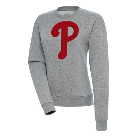 Women's Antigua  Heather Gray Philadelphia Phillies Victory Chenille Pullover Sweatshirt