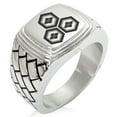 thumbnail image 1 of Stainless Steel Asai Samurai Crest Geometric Pattern Step-Down Biker Style Polished Ring, 1 of 1
