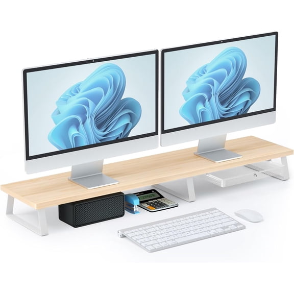 Large Dual Monitor Stand Riser - Monitor Stand for 2 Monitors, Wooden Computer Stand For Desk with Metal Legs, Desk Organizers and Storage