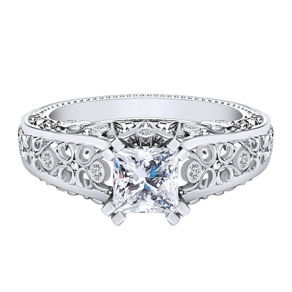 AFFY 1.41 Carat Princess Cut Moissanite & Natural Diamond Filigree Design Engagement Ring 14k Solid White Gold Ring Size-8.5