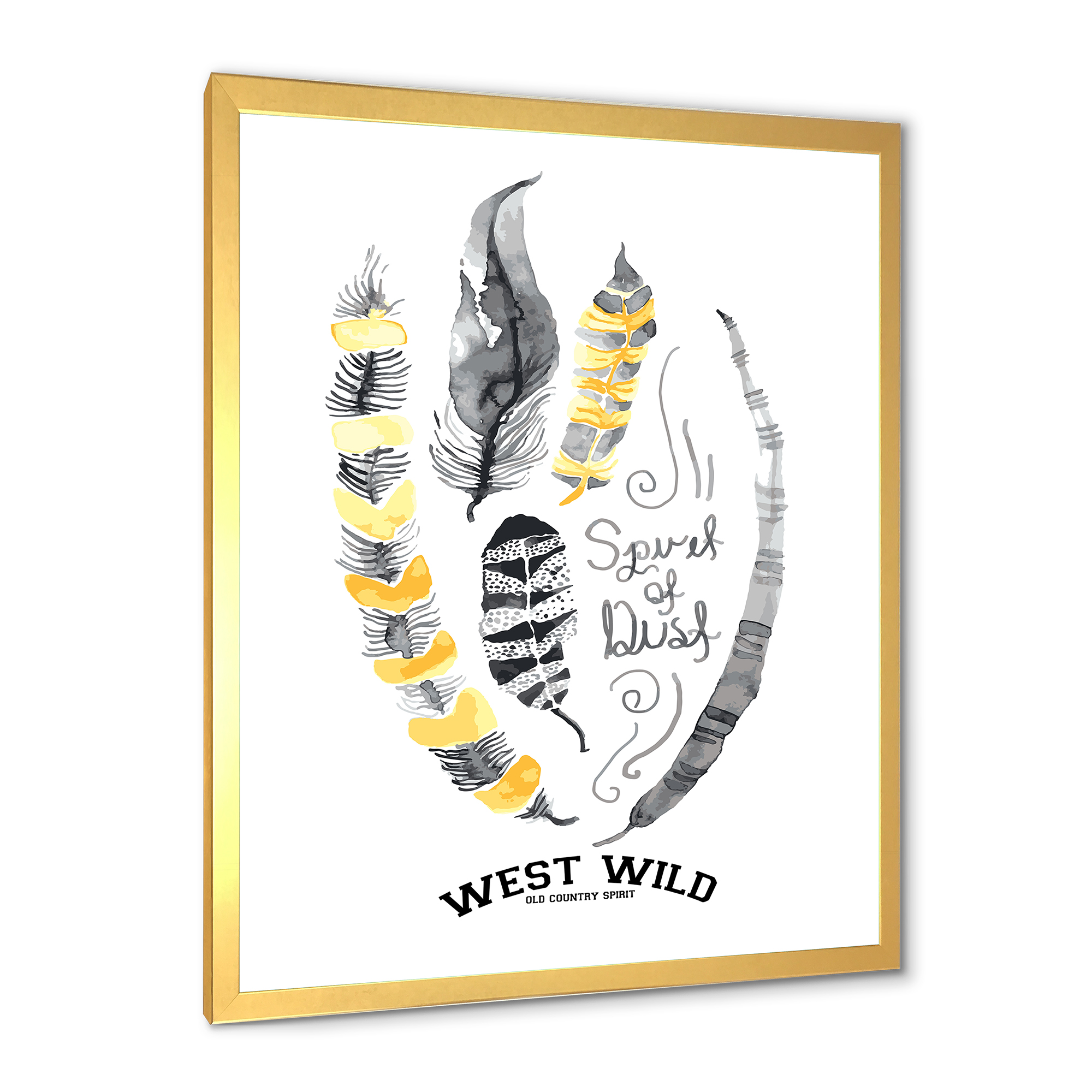 Designart 'Yellow Ethnic Plume Feathers On White' Bohemian & Eclectic Framed Art Print