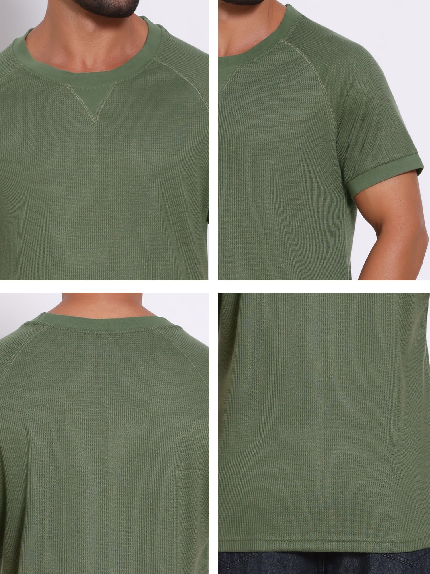DARING DIVA Men's Waffle Fabric Classic Crew Neck Raglan Short Sleeves 2XL Olive Green
