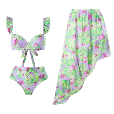 Womens Swimsuits Tankini Floral Print With Wrap Skirt V Neck Spaghetti Strap Overskirt Full Coverage Modest Bathing Suit For Women Swimwear Light Green S