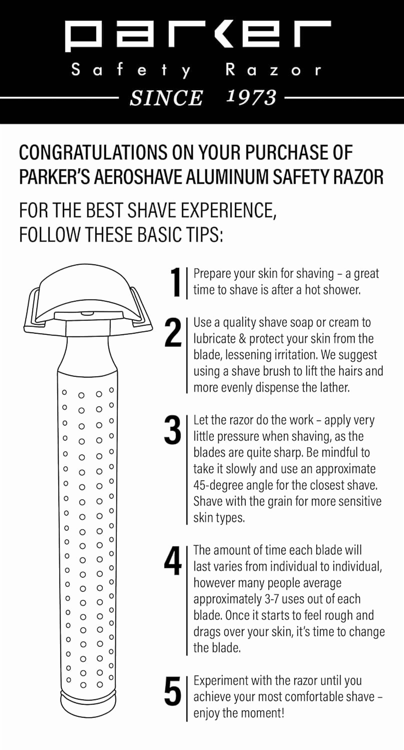 Parker Safety Razor - The AeroShave, Classic Length Handle-CNC Aluminum Double Edge Safety Razor & 5 Blades,- Precision Blade Exposure for a Comfortable Shave, For Men & Women. Mild Aggression