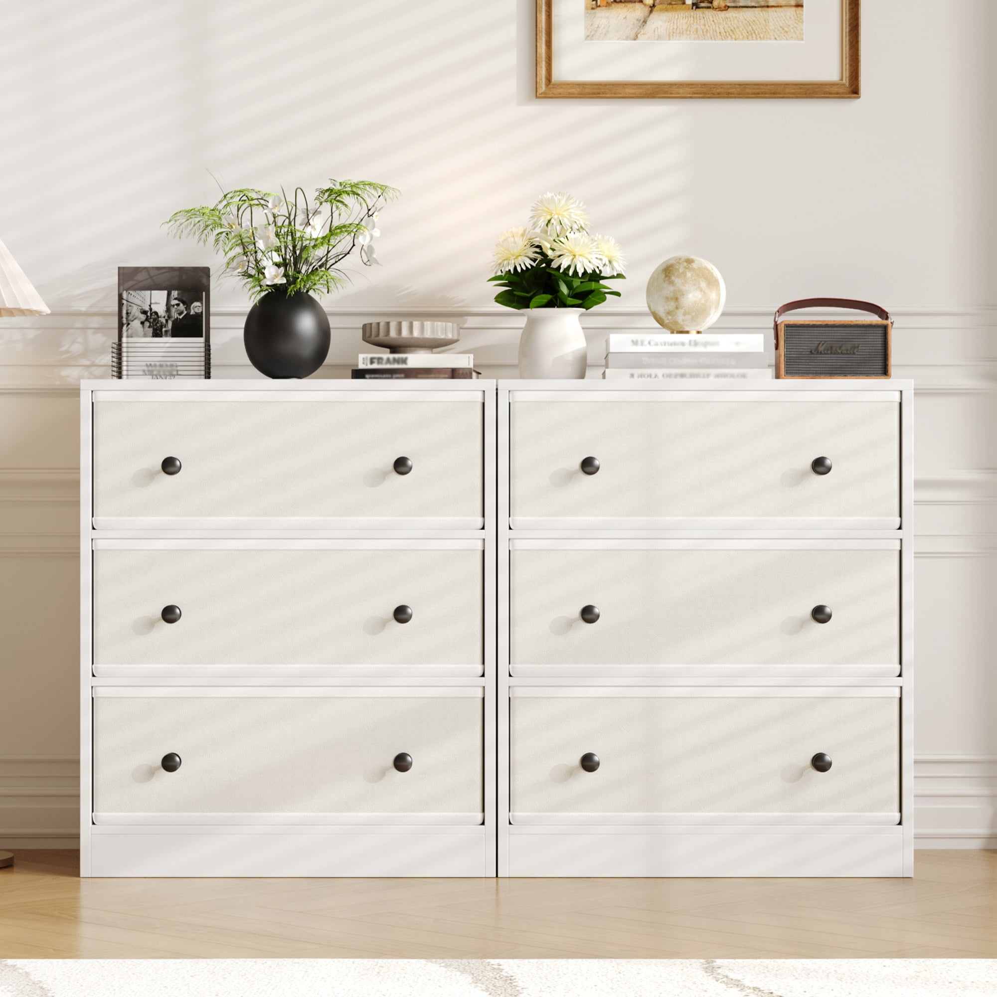 DIYART 3 Drawers Dresser for Bedroom, Modern Storage Cabinet with PU & Non-Woven Fabric Drawers, Small Fabric Dresser for Bedroom and Living Room, White