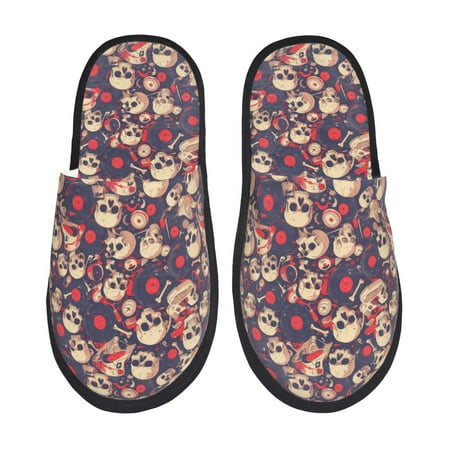 Balery Skull rock music record Slient Indoor Furry Fleece Comfort House Shoes Soft Non-Slip Home Shoes Cotton slippers House Slippers-- Medium