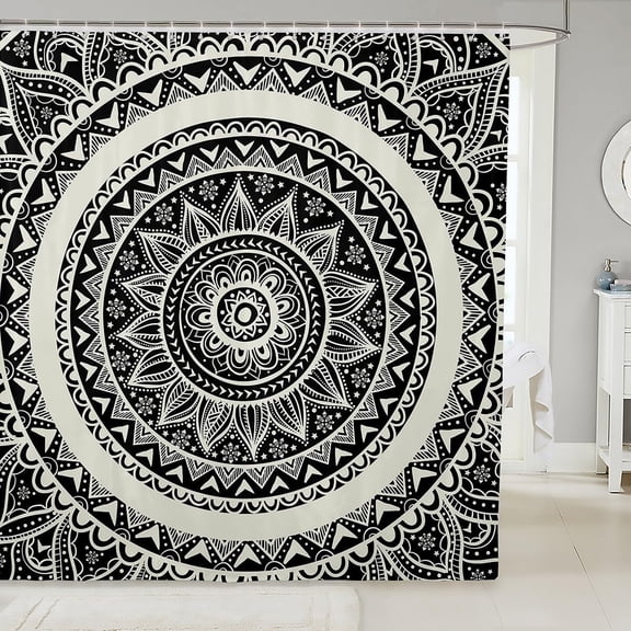 Mandala Lumbar Shower Curtain for Farmhouse Bathroom Shower Curtain Set Black and Cream Bath Curtain Bohemia Boho Kids Bathroom Accessories 36"W x 72"L (Pack of 1)