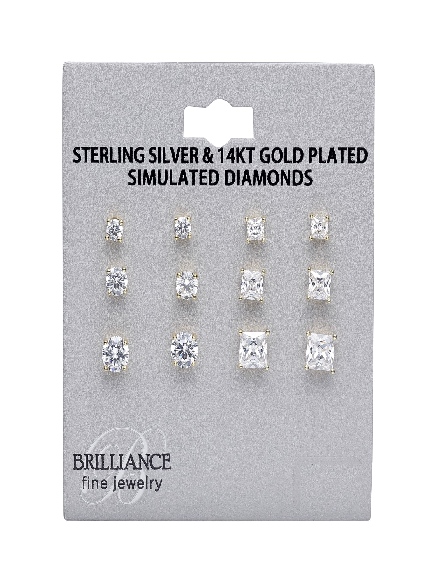 Brilliance Fine Jewelry Simulated Diamond Round and Square Earring Set in 14KT Gold Plated Sterling Silver