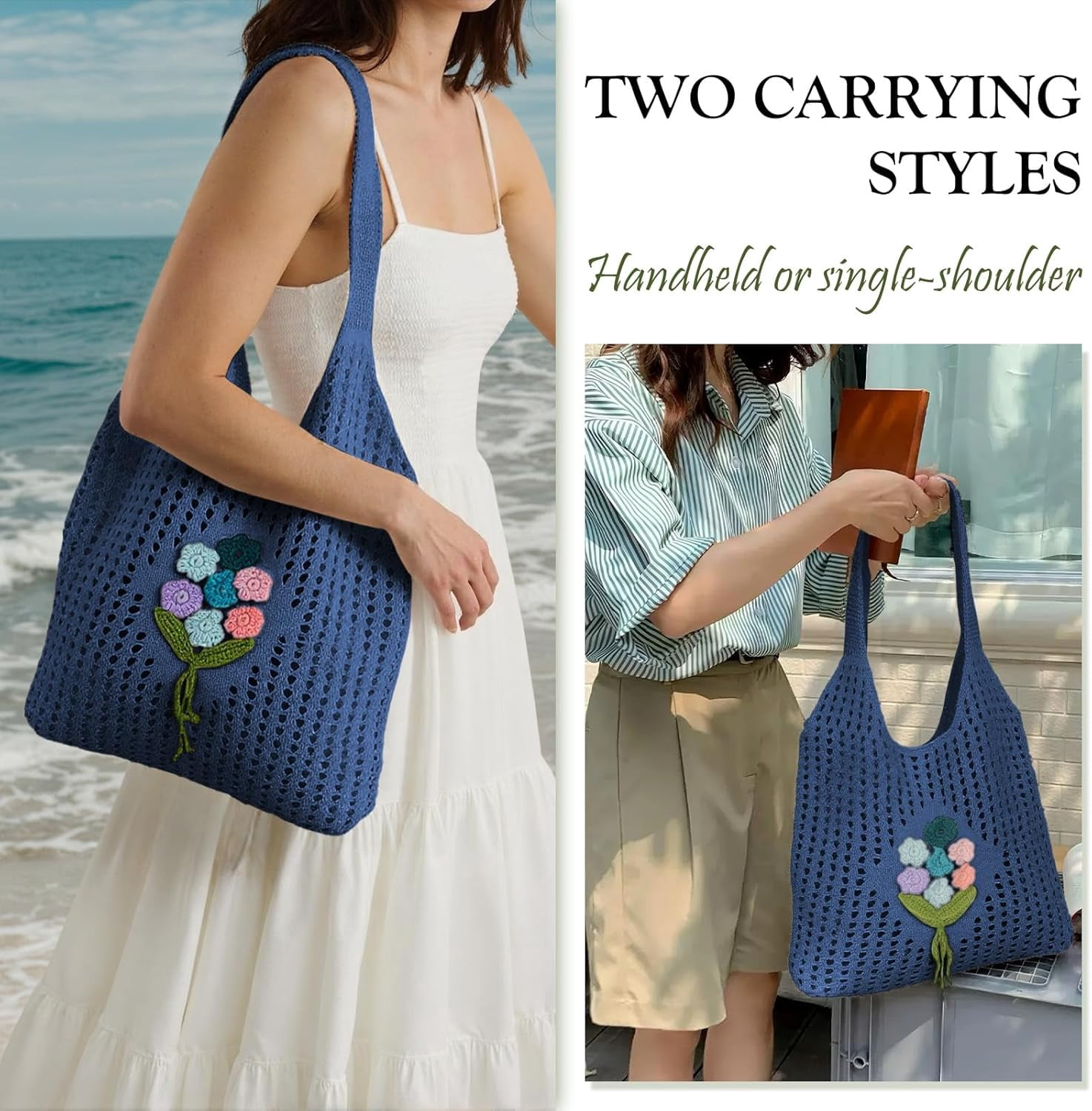 Crochet Mesh Beach Tote Shoulder Handbags Hobo for Women Summer Vacation Shoulder Bag Soft Y2k Purses for Travel
