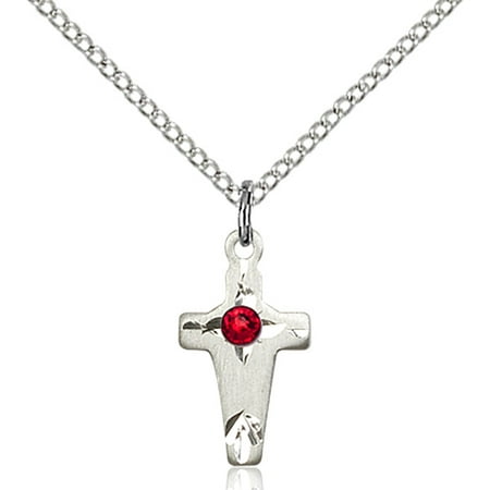 Swarovski 7ss Sterling Silver Cross Pendant with 3mm July Red Swarovski Crystal 5/8 x 3/8 inches with Sterling Silver Lite Curb Chain ()