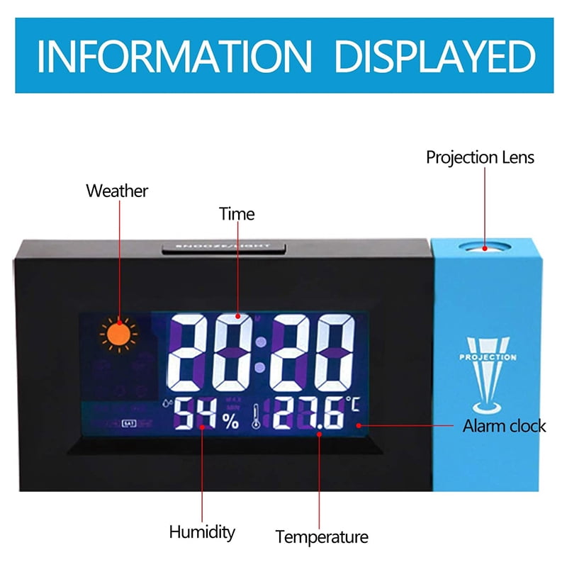 Réveil Numérique Avec Projecteur - Projette L'heure Au Mur/plafond, Affiche Température, Humidité, Météo | Alimentation Piles Ou USB - 9