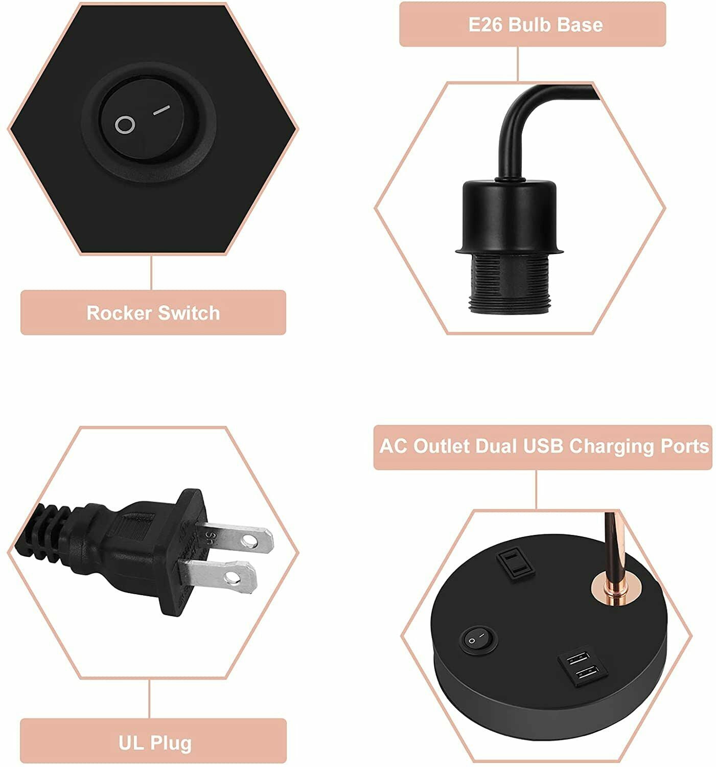 USB Bedside Table & Desk Lamp with 2 USB Charging Ports & AC Outlet for Bedroom