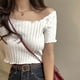 thumbnail image 3 of Camiseta de punto Mujer Top de manga corta con cuello cuadrado Camiseta ajustada de color sólido, blanco Vogacara AP001600-01B, 3 of 7