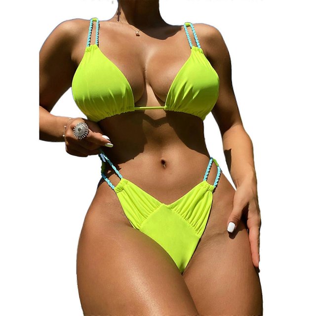 2Pcs Women Triangle-Bikini-String Swimwear Cheeky Thong Swimsuit Cut Out-Bikini Set Drawstring Beach-Bikini Costume fluorescent green M