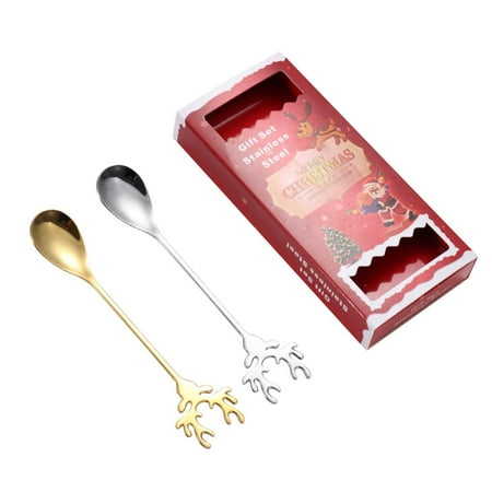 

2PCS with Gift Box Christmas Deer Head Ice Cream Stainless Steel Christmas Spoons Xmas Antlers Tea Scoop Coffee Scoops 1
