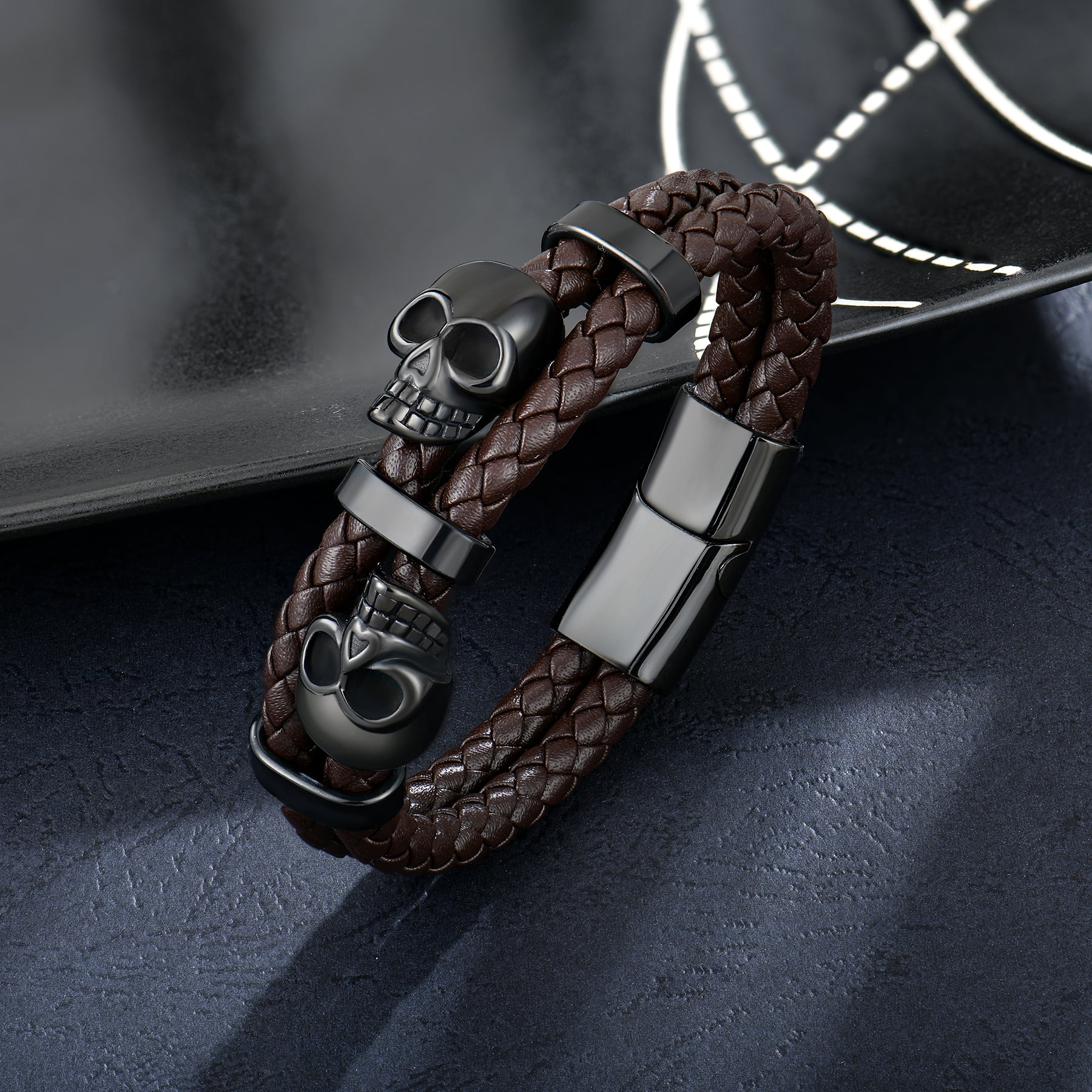Raymard Mens Skull Double Row Leather Bracelet,Skull Brown Braided Bracelet for Men, Mens Punk Jewelry