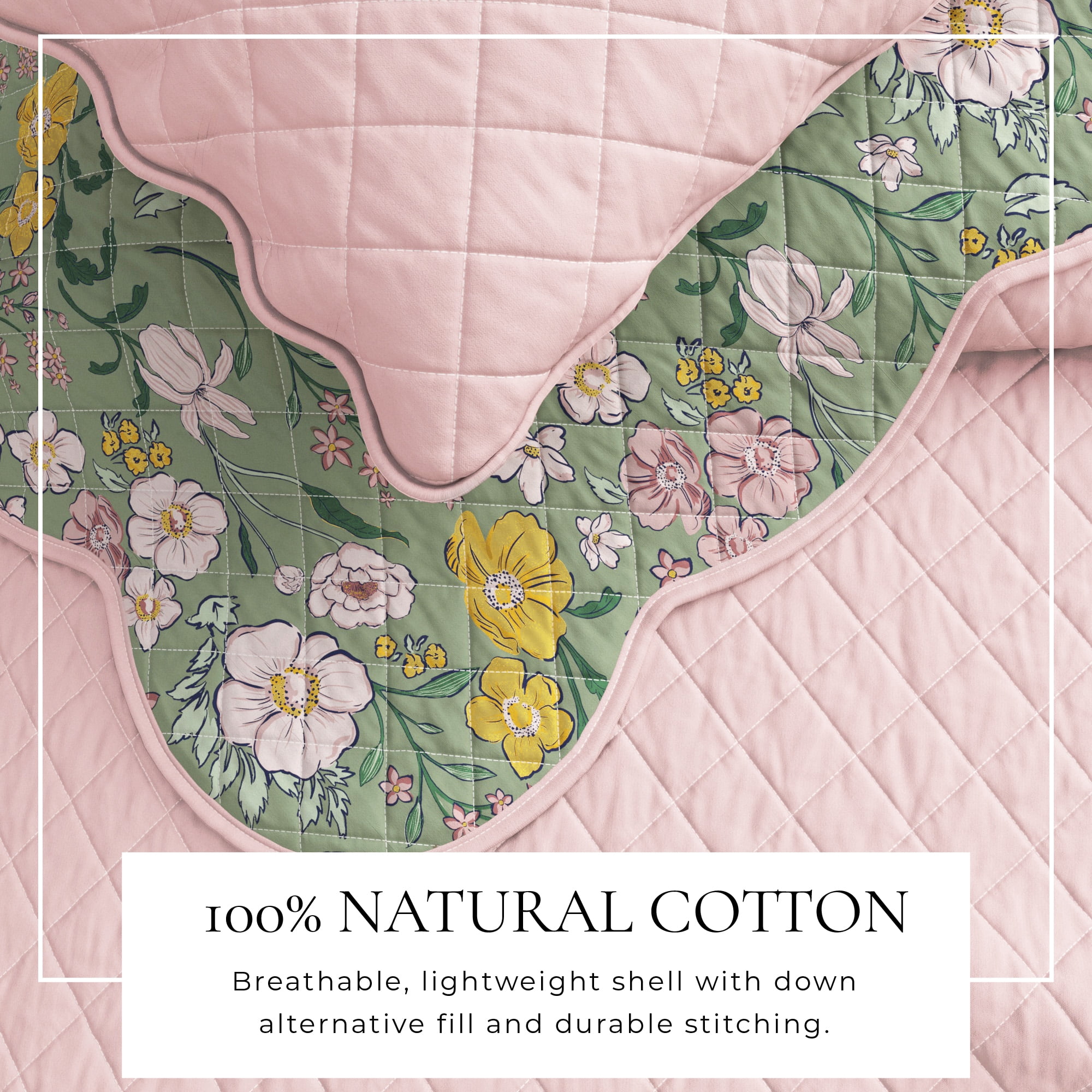 Floral Cotton Quilt Set - Lightweight, Soft, All-Season - 3-Piece Reversible Scalloped Bedding Set (Full / Queen, Floral Dusk)
