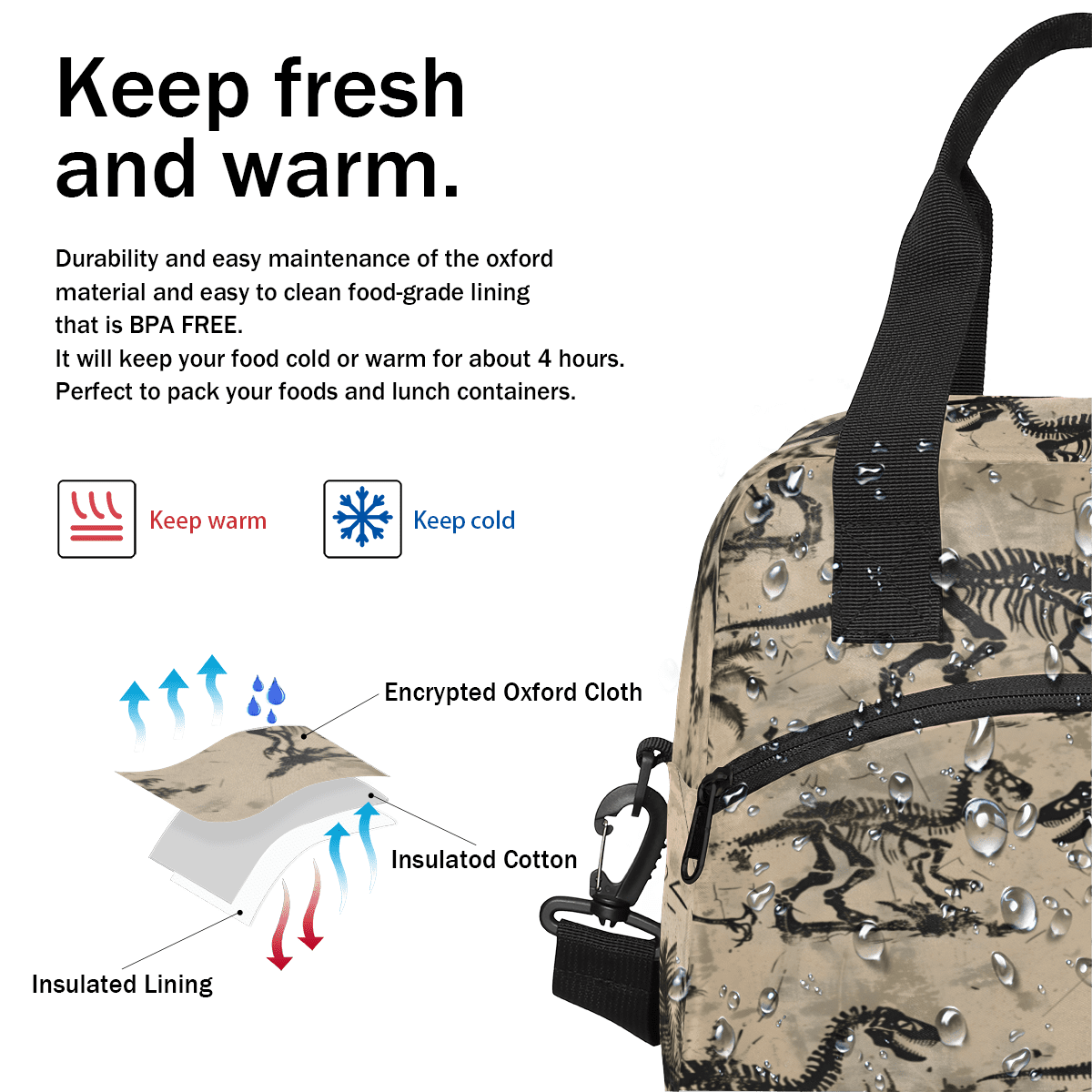 Herdesigns Cool Dinosaur Skeleton Insulated Lunch Bag for Women Men Adults Large Reusable Lunch Box Leakproof Portable Cooler Tote Bags with Adjustable Shoulder Strap