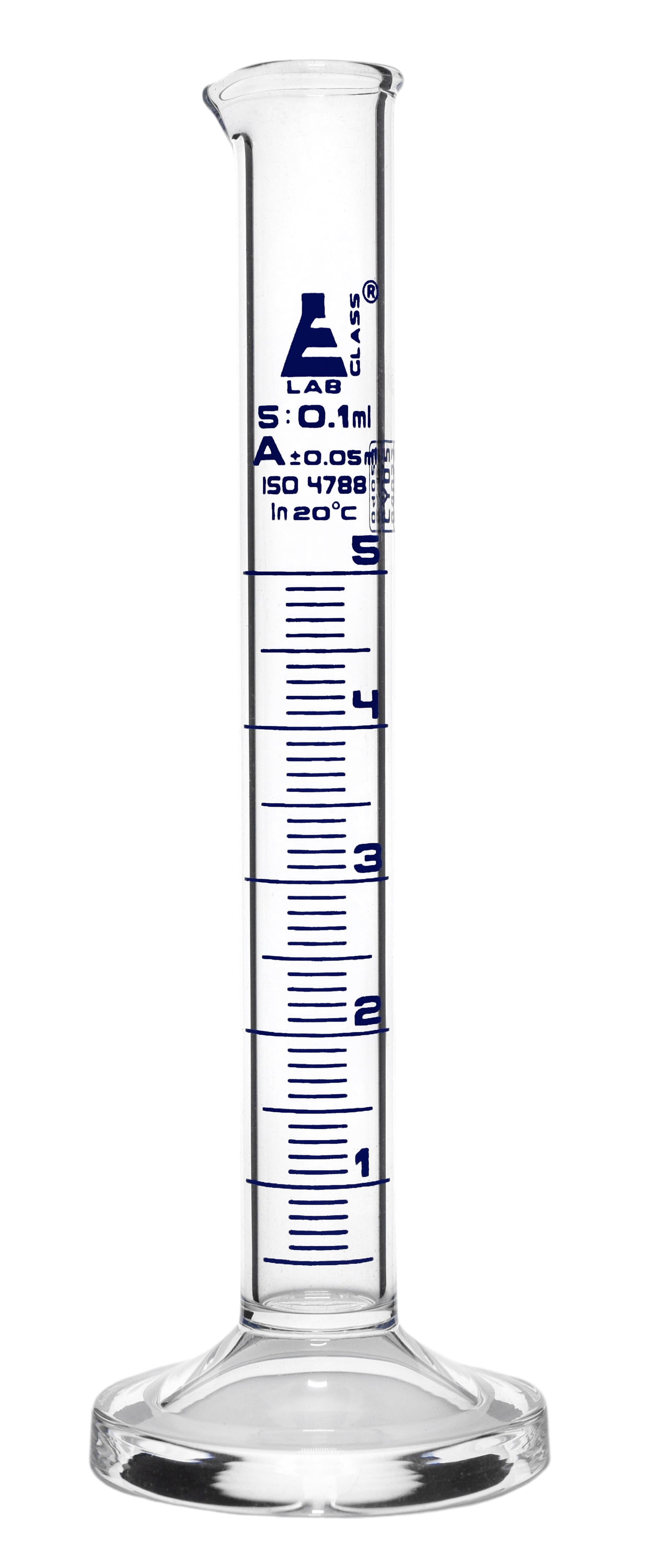 Graduated Cylinder, 5ml - Class A Tolerance ?0.05ml - Round Base - Blue Graduations - Borosilicate 3.3 Glass - Eisco Labs