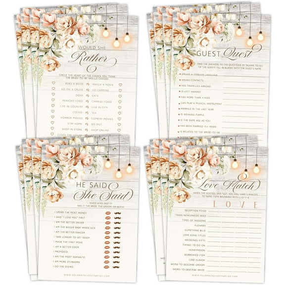 Rustic Wood and Floral Wedding Bridal Shower Games - Would She Rather, Guest Quest, He Said She Said, and Love Match - 25 Games Cards Per Game