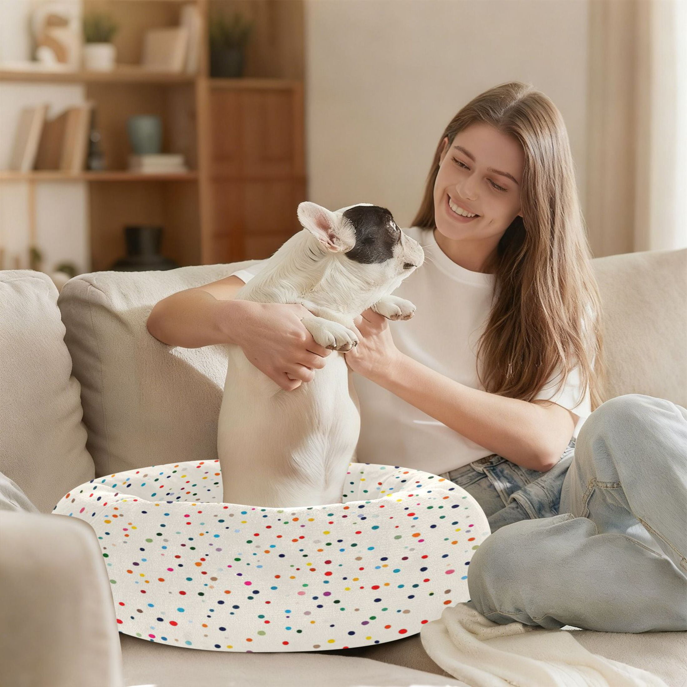 Iauyy Pet Couch Donut Cat Bed for Indoor Cats/Small Dogs Washable & Machine with Non-slip Bottom Calming Cat Furniture, The Colorful Small Dots (M)
