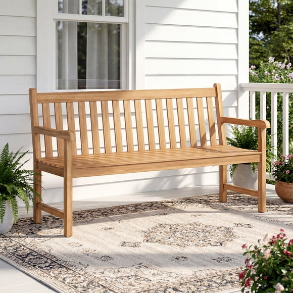 Gymax 62'' Teak Porch Bench 3-Seat Solid Wood Garden Patio Bench w/ Armrests &Backrest
