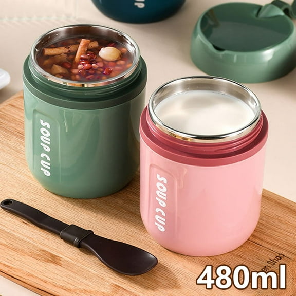 Eummy 2Pcs Vacuum Insulated Food Jar with Foldable Spoon, Stainless Steel Leak Proof Lunch Storage, Thermal Food Storage Container 480ml for Kids Adults School