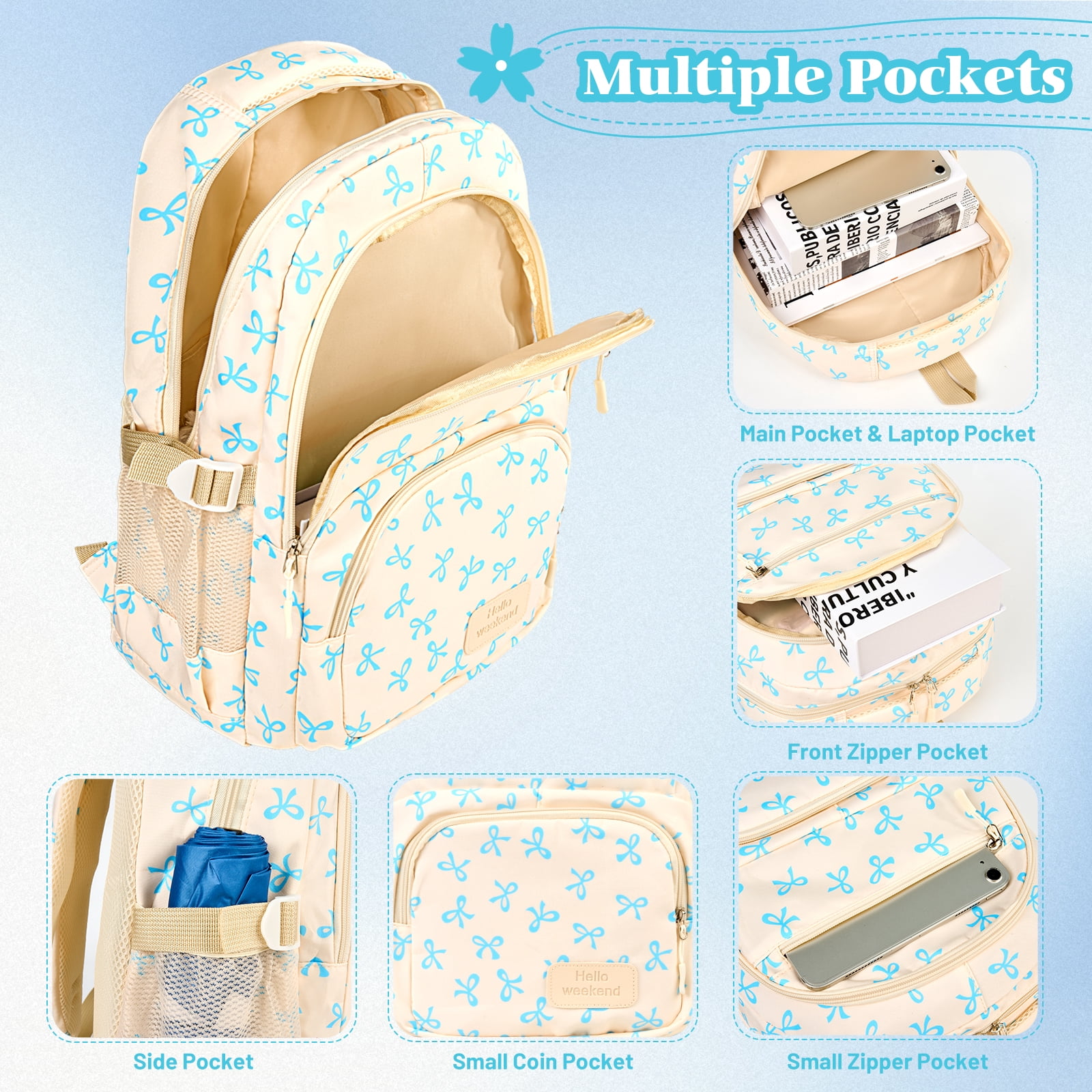 Dakimoe School Backpack Set with Cute Bow, Lightweight Bookbag - Blue, Perfect for Elementary & Middle School  Ages 4-12