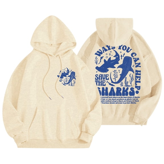 XIAONU Oversized Graphic Hoodies For Women Save The Sharks Print Pullover Hoodie Casual Outdoor Sweatshirt