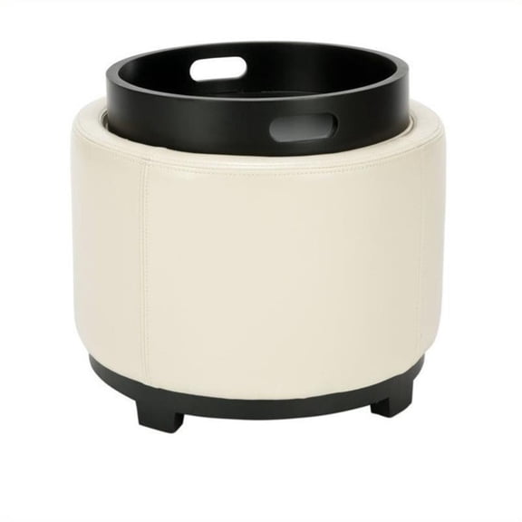 Bowery Hill Single Tray Leather Storage Round Ottoman in White