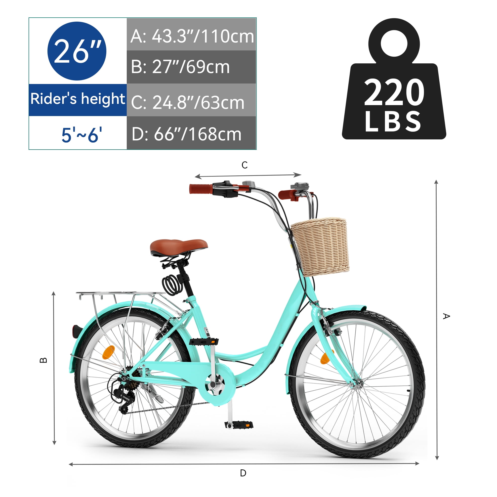 Uforic 26" Beach Cruiser Bike for Adults – 7 Speed, Adjustable Seat in Mint Green