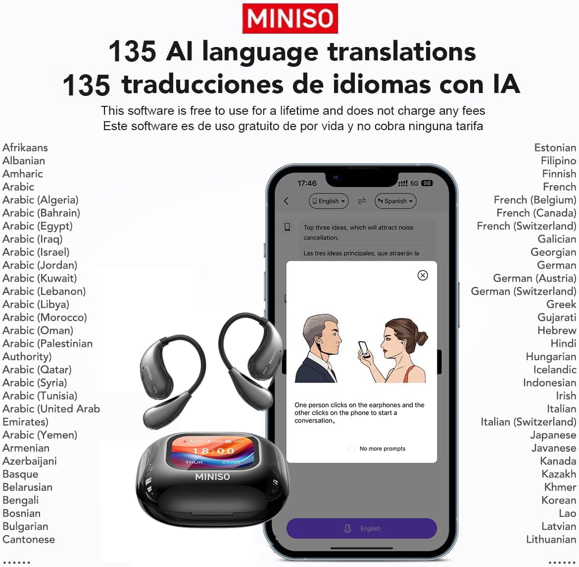 MINISO M95 AI Translation Earbuds Real Time with LED Display Screen Bluetooth 5.4 Support 150 Languages